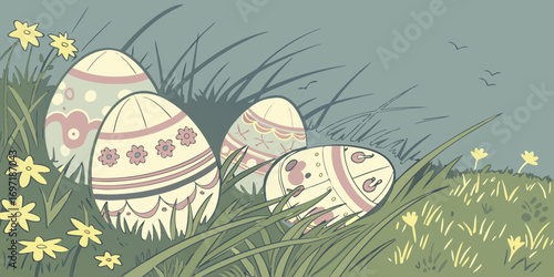 Four intricately decorated Easter eggs nestled in grass with yellow flowers decorated eggs spring