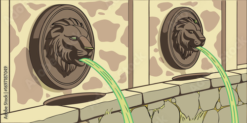 Two Lion Head Fountains Spouting Green Water on a Stone Wall water spout ancient architecture