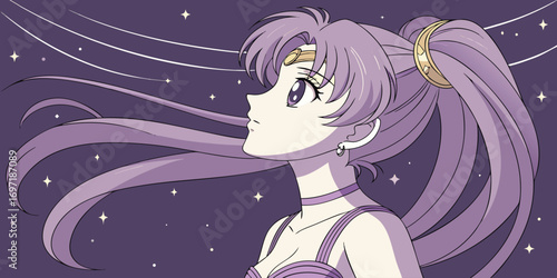 Anime girl with long flowing lavender hair and purple dress looking up at starry night sky space