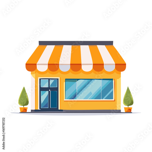 Charming shop building with an orange striped awning small trees in pots cartoon style storefront architecture vector