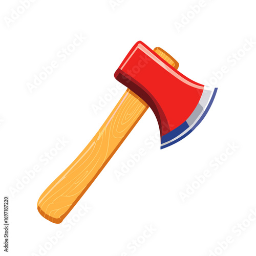 Bright red axe with classic wooden handle illustration. Chopping tool for lumberjack, carpentry, and outdoor activities.