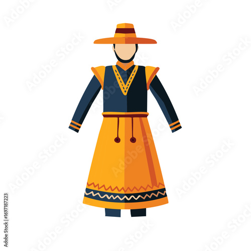 Traditional Vietnamese Clothing Ao Dai with Hat Flat Vector Graphic