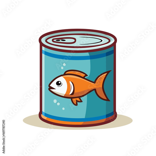 Cartoon goldfish swimming inside a can of food illustration