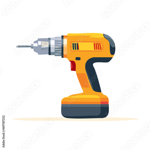 Yellow Cordless Electric Power Drill Flat Vector Illustration for Construction and Home Improvement Projects
