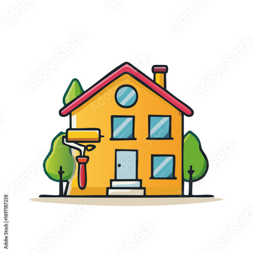 Yellow house exterior renovation with paint roller and trees in cartoon style