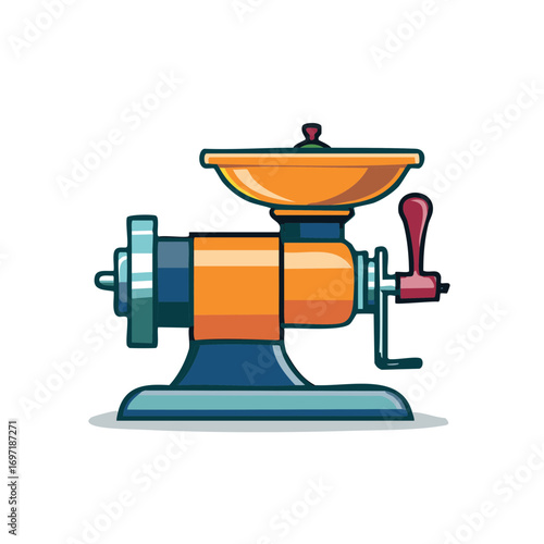 Manual meat grinder for kitchen food preparation a colorful illustrated kitchen appliance with hand crank