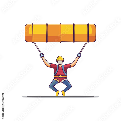 Vector illustration of a worker in a safety helmet and harness holding a large orange object