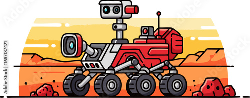 An advanced robotic vehicle meticulously explores the rugged, dusty terrain of a distant celestial body, symbolizing humanity's quest for scientific discovery in space