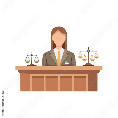 Female judge sitting at a bench in a courtroom with scales of justice vector illustration