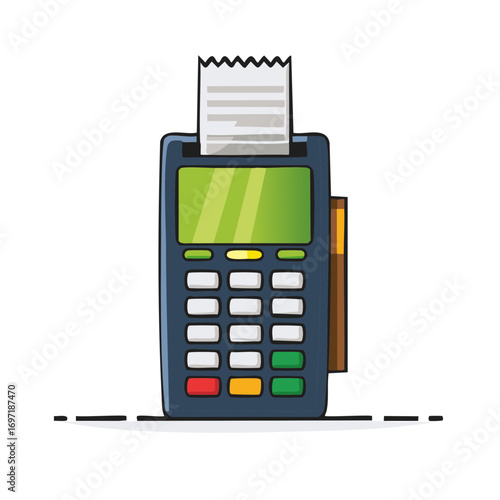Hand drawn cartoon credit card reader machine with receipt and green screen displaying sales data