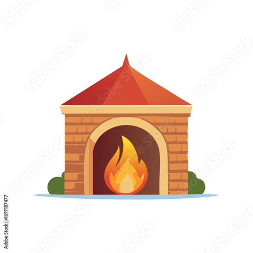 Cartoon Brick Fireplace with Flames and Red Roof, Hearth for Home Heating, Cozy Indoor Setting, Illustration