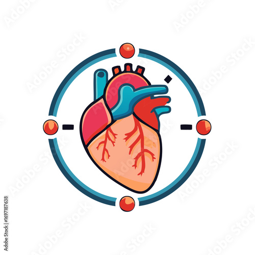 Human Heart Illustration in Teal Circle with Red Accents for Medical Design