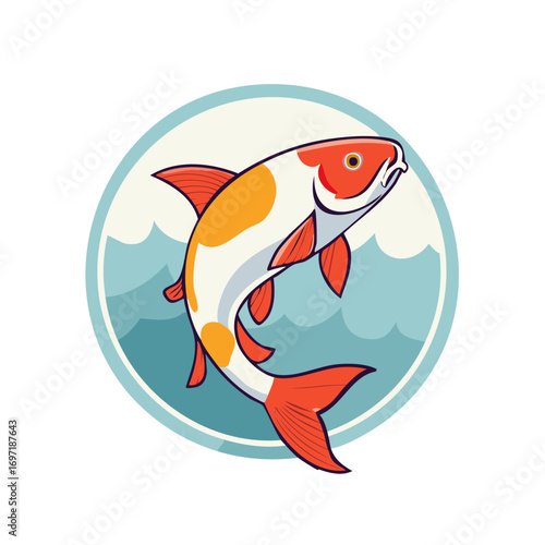 Koi Fish Leaping Circle Icon Waters Red Orange White Scales Aquatic Animal Illustration