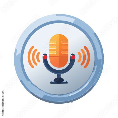 Icon of Studio Microphone with Sound Waves in Blue Circle for Podcasts and Voice Recording