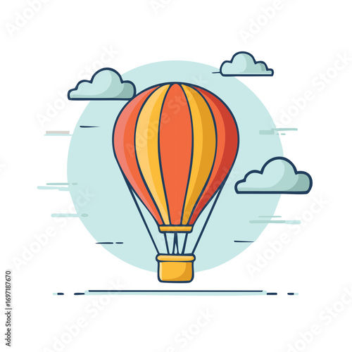 Cartoon Style Hot Air Balloon Ascending in a Blue Cloudy Sky Illustration