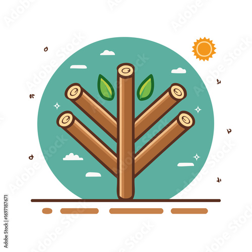 Stylized illustration of a tree made of cut logs sprouting new leaves symbolizing growth and regeneration.