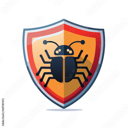 Cybersecurity shield with a bug icon symbolizing protection from computer viruses and internet threats