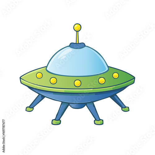 Cartoon Style UFO Landing Craft with Four Legs on White Background