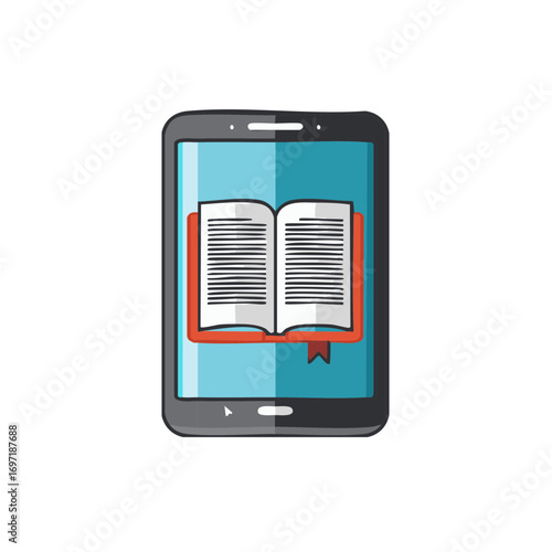 Digital book icon on a tablet screen representing e-learning online reading and digital library