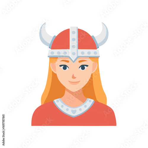 Cartoon Woman Warrior Wearing Viking Helmet and Traditional Attire