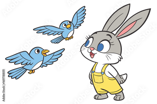 Cute cartoon grey bunny in yellow overalls looking up at two flying blue birds rabbit cartoon bunny