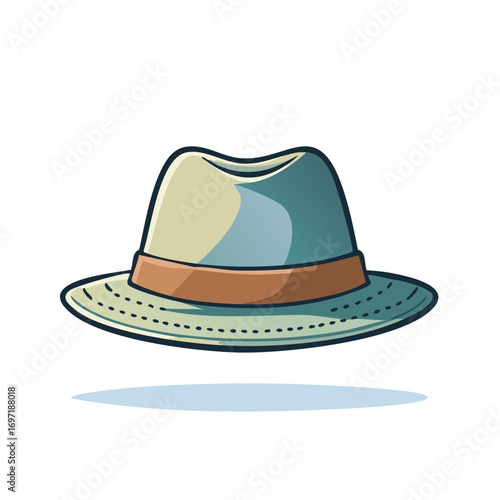 Stylized cartoon illustration of a fedora hat with a brim, isolated on a white background