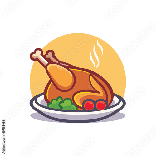 Hot Roasted Chicken Dinner With Broccoli and Tomatoes on a Plate