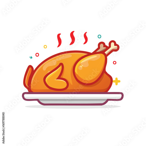 Cartoon illustration of a steaming hot roasted turkey served on a platter for a holiday dinner