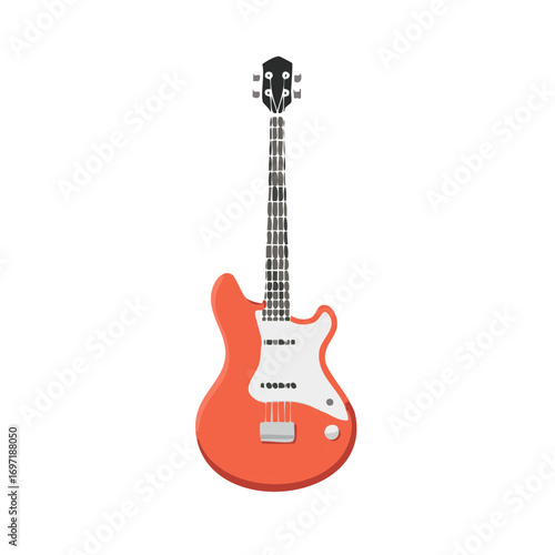 Illustration of a red and white electric guitar with a long neck isolated on a white background.