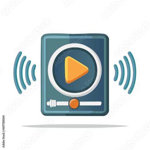 Vector icon of a music player with a play button and sound waves emanating.