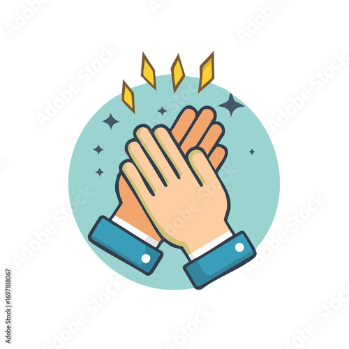 Hands clapping icon illustration on a teal background with sparkle effect.