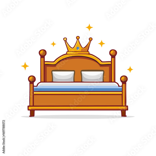 Cartoon King Size Bed with Crown Illustrative Vector Art Gold Royal Style and Sleep Concept