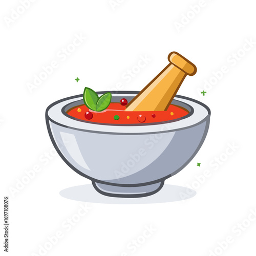 Mortar and Pestle with Red Sauce Herbs and Berries
