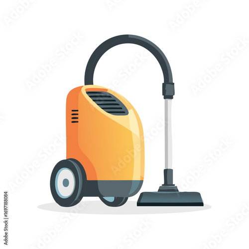 Modern orange canister vacuum cleaner with black hose and wand for cleaning floors