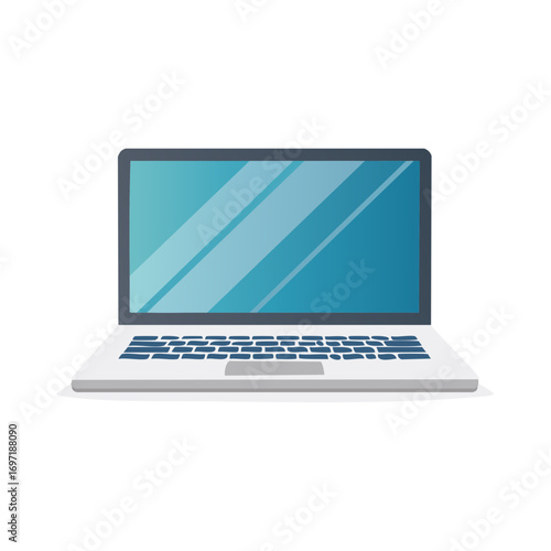 Flat design illustration of a laptop computer with a screen showing blue reflections