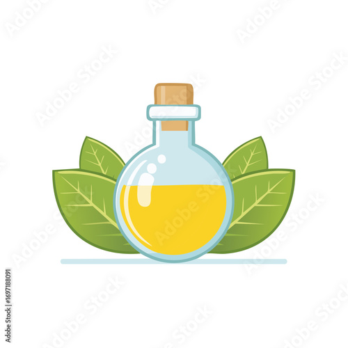 Glass bottle with natural golden oil and green leaves illustration