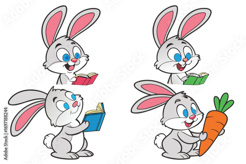 Four cartoon bunnies reading books and holding a carrot bunny rabbit