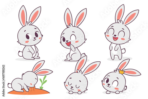 Six cute cartoon rabbits in various poses and expressions bunny illustration