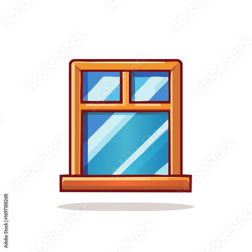 Cute Cartoon Window with Wooden Frame and Shiny Blue Glass Illustration