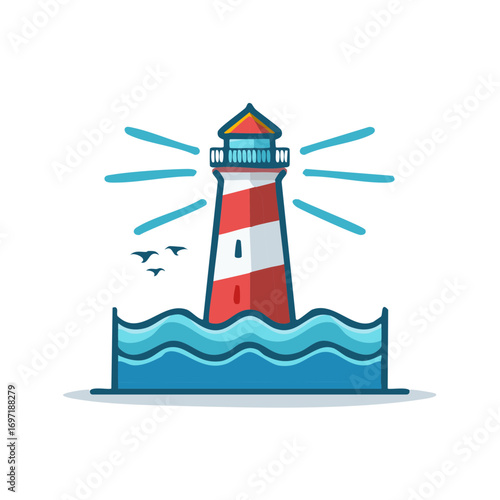 Cartoon illustration of a lighthouse with birds and waves against a white background