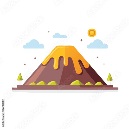 Flat illustration of an erupting volcano with molten lava flowing down, set against a sky with clouds and a sun.