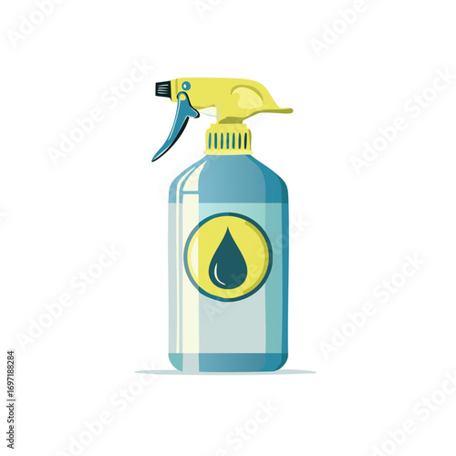 Blue spray bottle with yellow trigger nozzle and water drop icon illustration for cleaning and household concepts