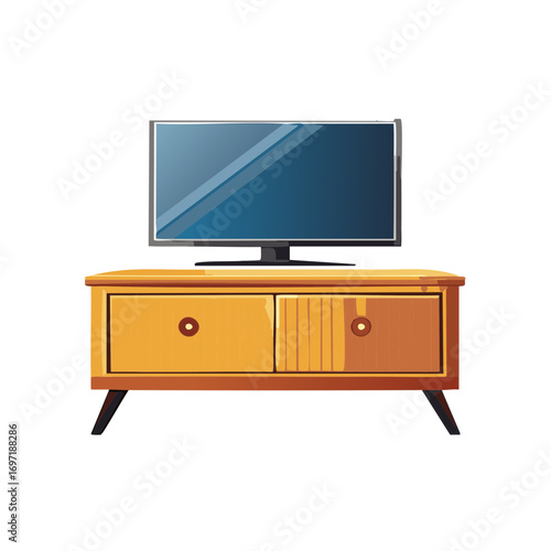 Sleek modern television on a stylish mid century wooden TV cabinet illustration