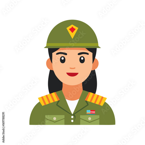 Smiling Woman Army Officer Portrait Flat Design Avatar Icon