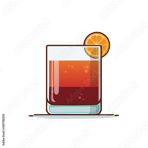 Refreshing orange cocktail illustration featuring vibrant colors and clear glass presentation with decorative orange slice.