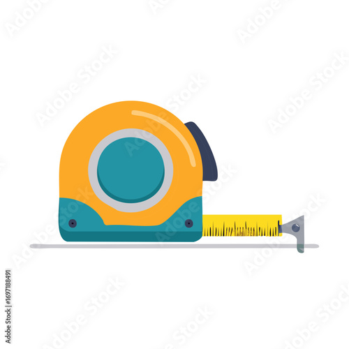 Yellow and teal retractable tape measure tool with yellow measuring tape extended