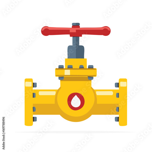 Yellow industrial pipeline valve with red wheel handle for oil gas or water supply flow control