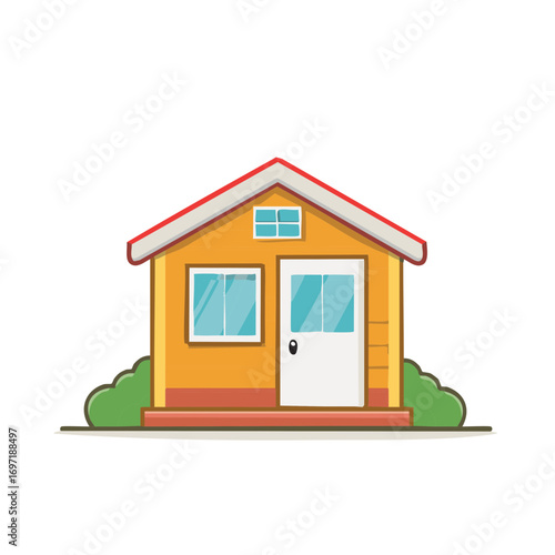 Simple cartoon yellow house with red roof and green bushes on white background