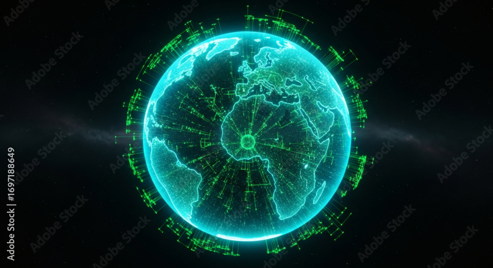 Obraz premium A glowing digital representation of Earth, illuminated by intricate green lines and data streams, suggesting global connectivity and technological advancement.