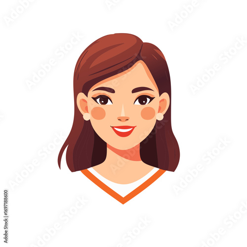 Charming young woman with brown hair and rosy cheeks smiling happily